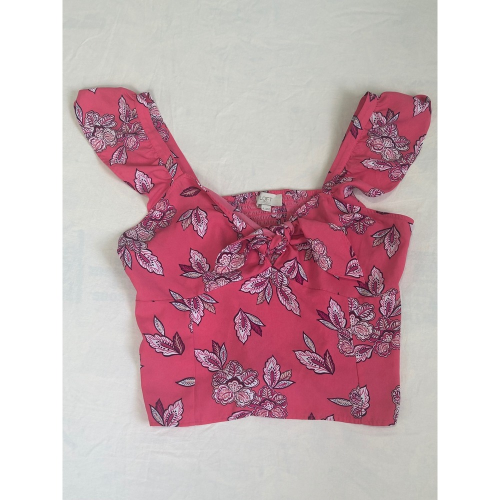 LOFT‎ Pink Floral Tie Front Ruffle Strap Smocked Crop Top Blouse Womens Size 8